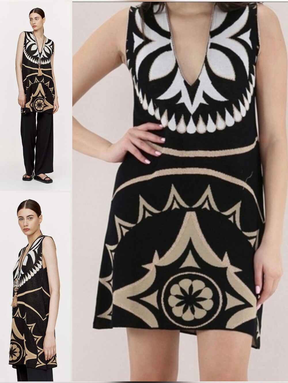♠️ Black & Cream Patterned Sleeveless V-Neck Dress - Tunic - Picture 1 of 8